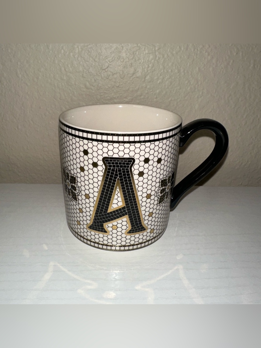 Anthropologie Margot Mug Geometric Letter Initial A Mug in White Black Gold EUC
